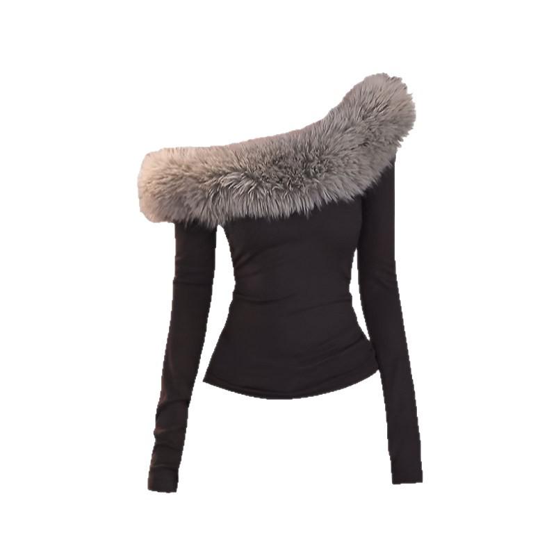

Women s Korean-Style Sweetheart One-Shoulder Fur-Collar Long-Sleeve Top for Autumn/Winter S коричневий