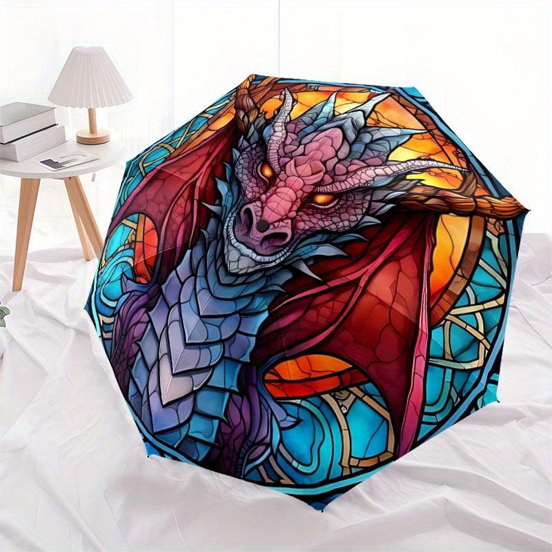 1pc Dragon StainedGlass Automatic Open/close Umbrella, 8-Rib sturdy structure, Portable Travel Umbrella, Parties, Everyday Use, Outdoor Acce