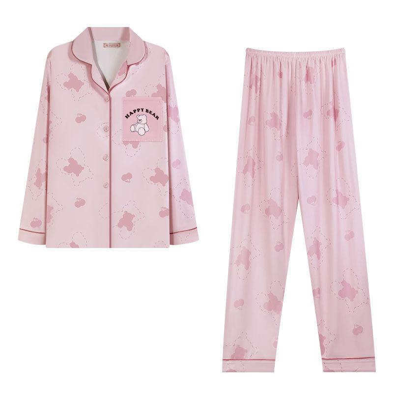 Cartoon Bear Spring and Autumn French Pajamas Female Cartoon Imitation Cotton Long-sleeved Trousers Cloud Cotton Casual Loungewear Set