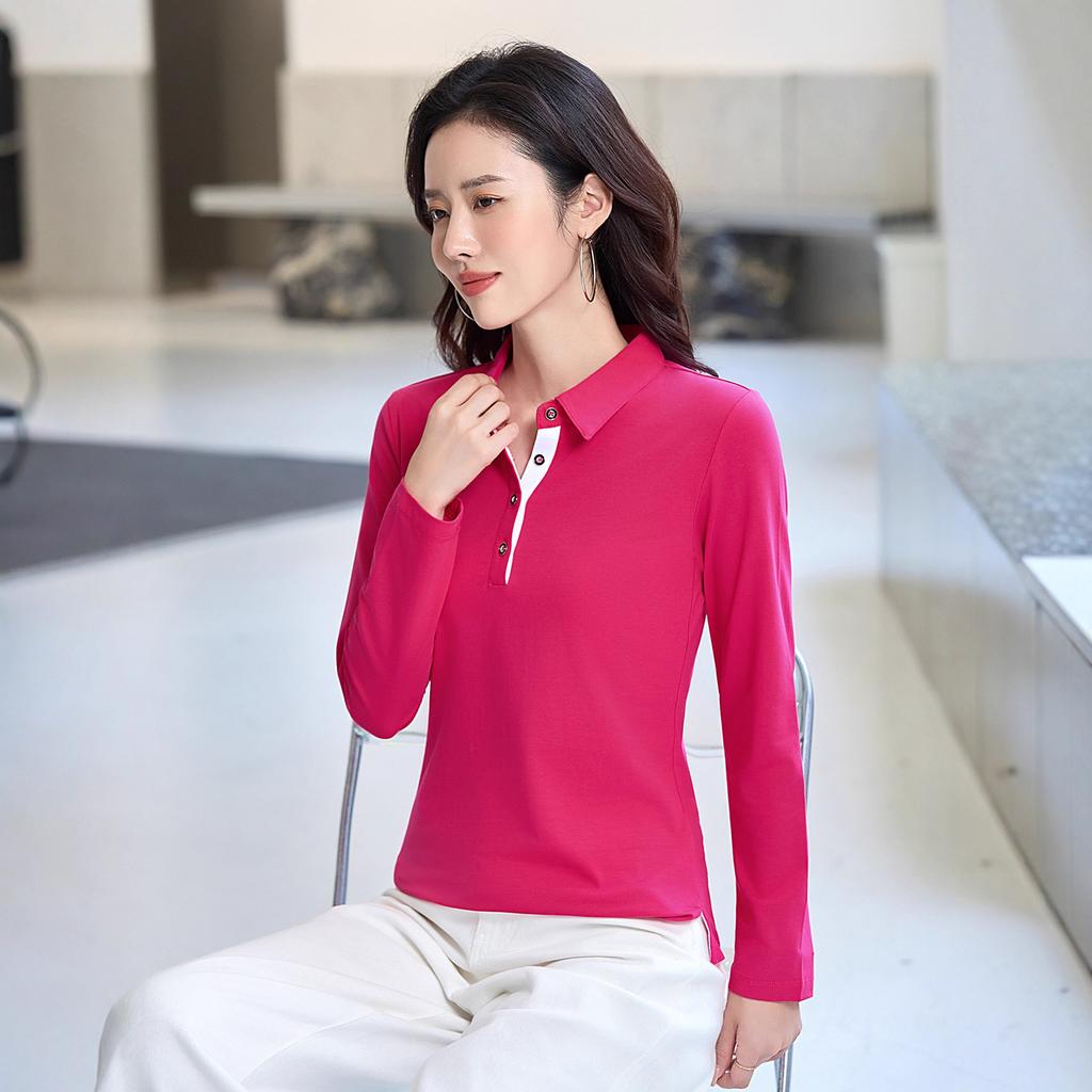 Women's Slim Long Sleeve Polo Neck T Shirt - Simple Solid Color Sports Leisure Business Anti-wrinkle Soft Elastic Wrinkle-resistant Long Sleeve