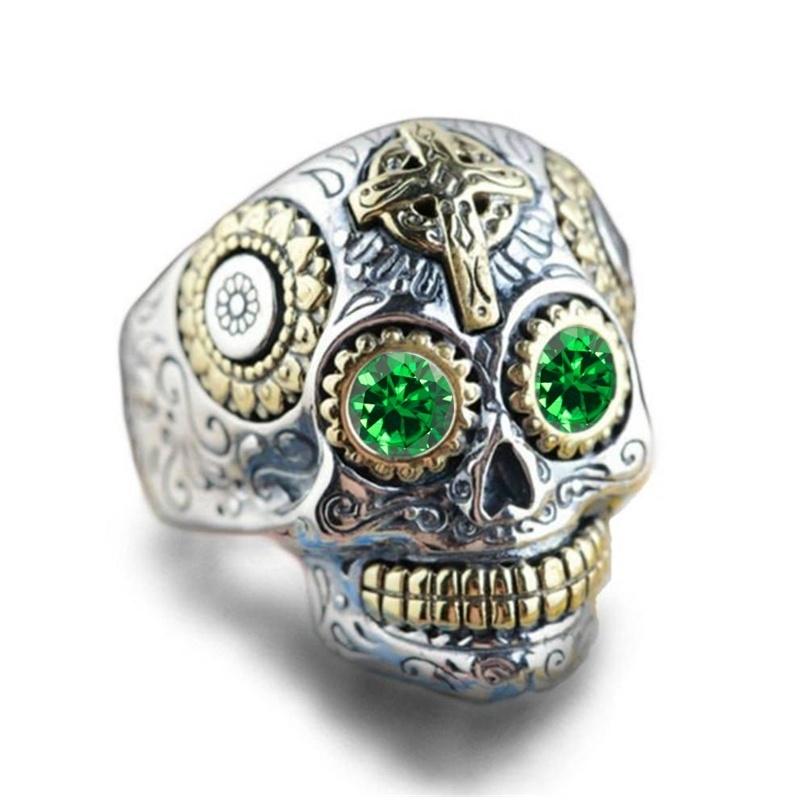 Vintage Twotone Rings Engraving Cross Skull Ghost Head Ring Men's Punk