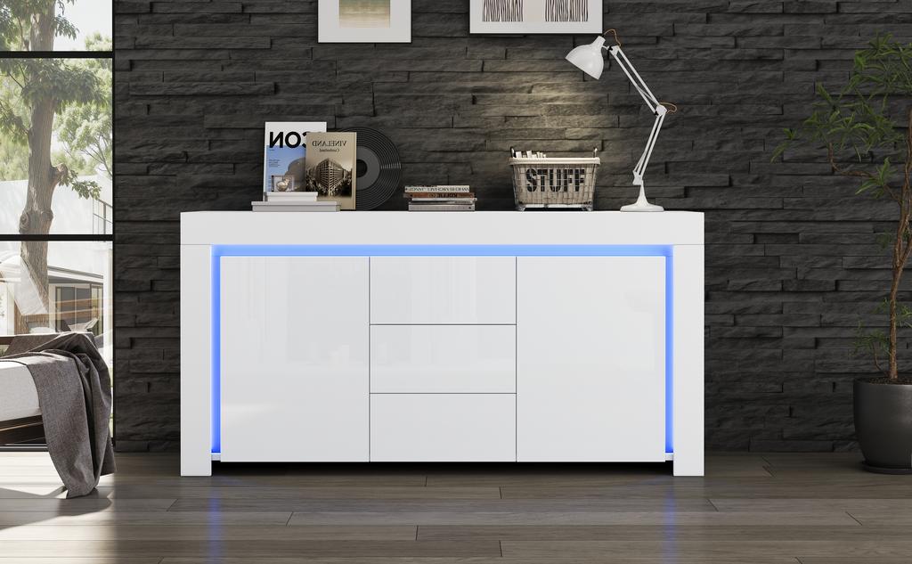 140*40*65cm Wohnzimmerschrank, Moderne Kommode mit 3 Schubladen, 2 Türen, Hochglanzschrank mit LED-Lichtleiste, Sideboard, Weiß
