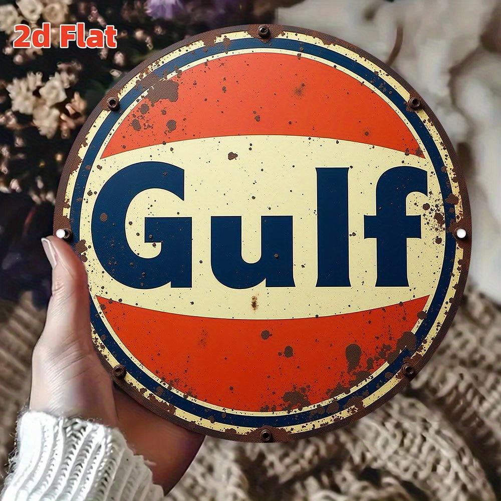 D Flat Gulf Vintage Gas Station Round Tin Sign Retro Distressed Oil Logo Art Metal Wall Decor for Garage Man Cave Classi