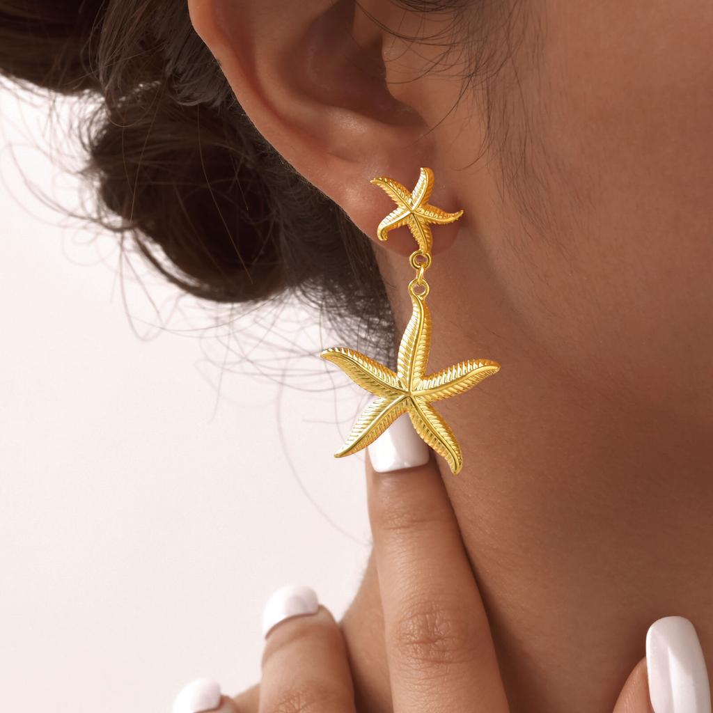 Starfish Drop Dangle Earring for Women, Gold Plated Stainless Steel Beach Sea Earrings, Waterproof Summer Ocean Jewelry