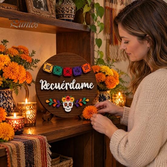 Dia De Los Muertos Decoration Sugar Skull Plate for Day of Dead, Wooden Round Dish with Tabletop Display Stand, Floral