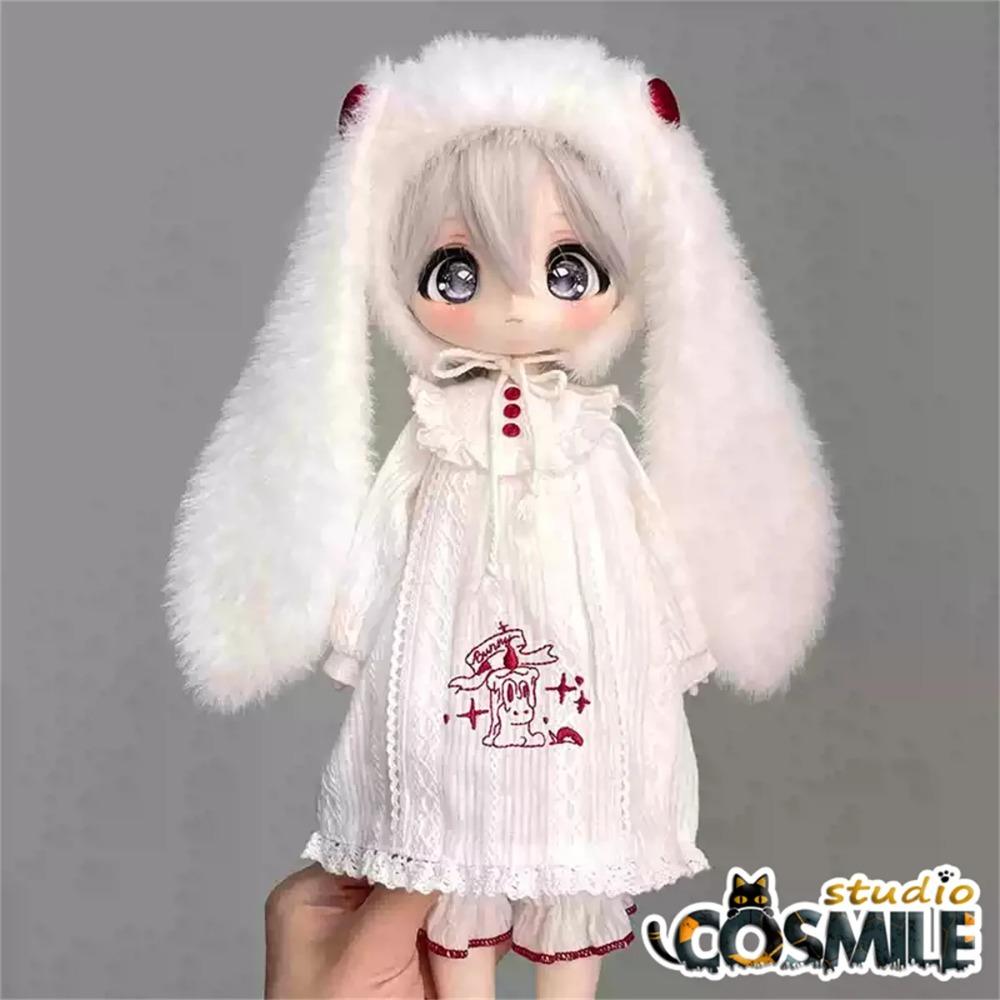 Japanese Lop-eared Rabbits Bunny Cute White Pajamas Hat Dress Skirt Costume 1/6 Size BJD Doll Accessories Doll's Clothes DJ Sep