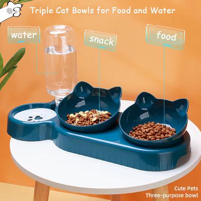 Ciotole Triple per Gatti Mangiatoia per Animali Domestici, Ciotole Doppie 2-in-1 con Bottiglia per Bere Automatica, Design Inclinato e Girevole per Gatti e Cani