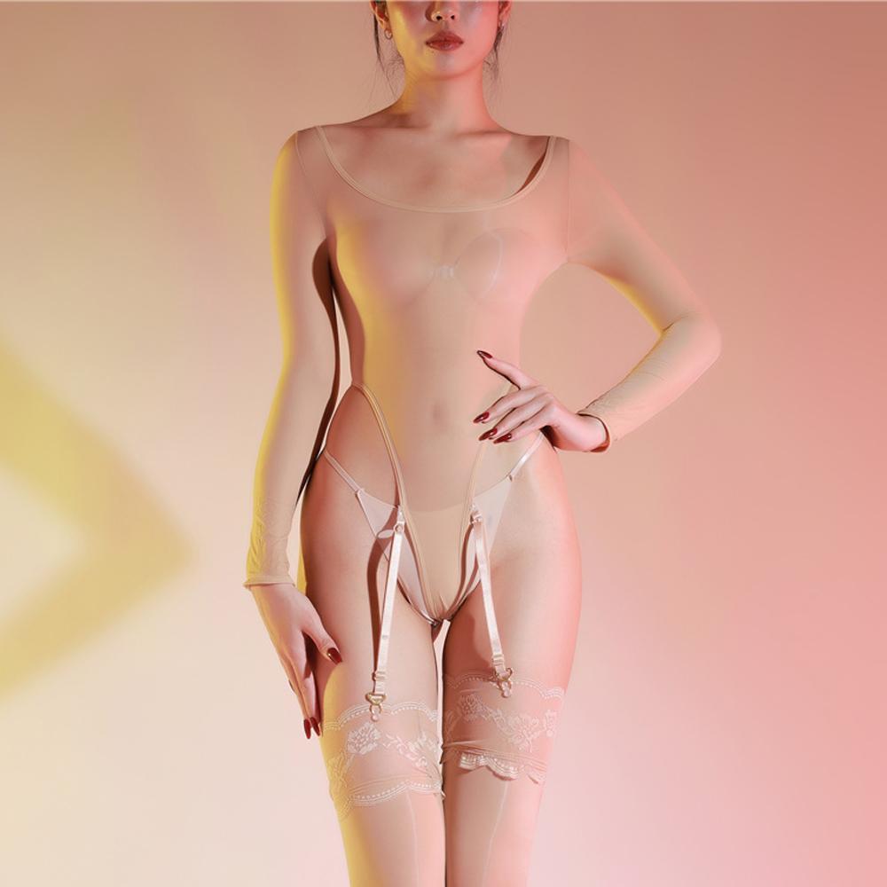 Sexy Women Garter High Cut Bodysuit Sheer See Through 5Dthin Shaper Tights Bandage Elastic Leotard Pajamas Maid Wear