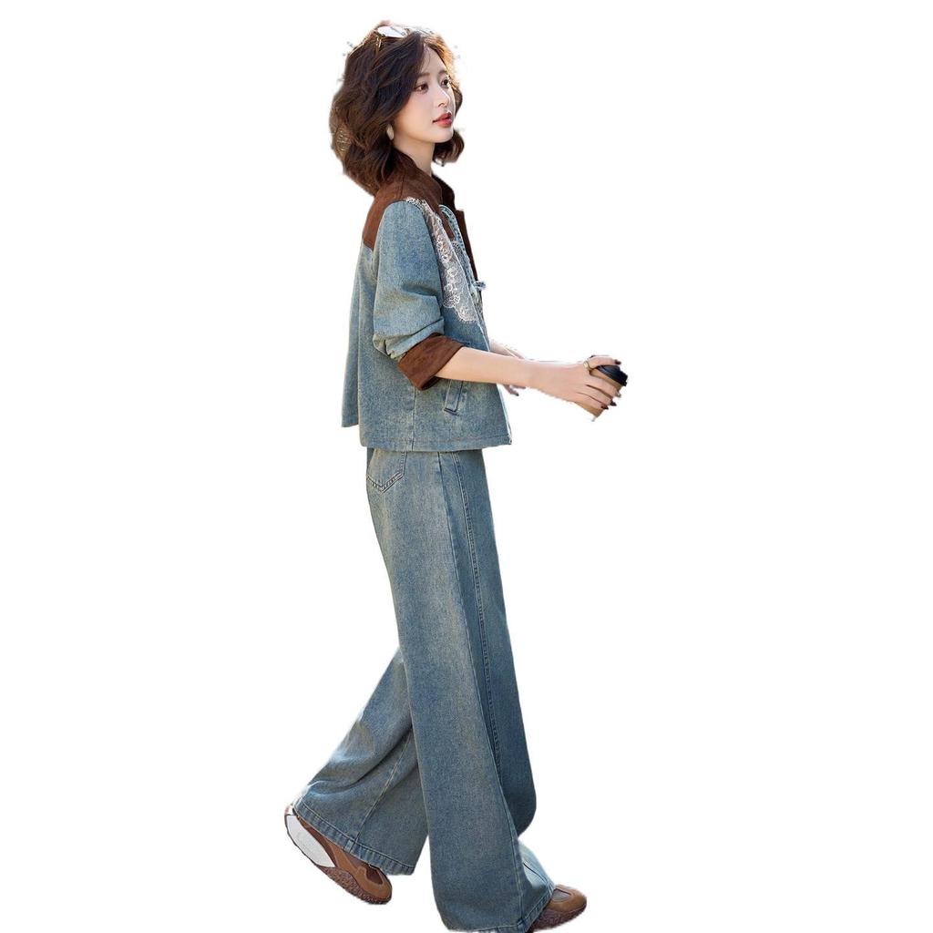 2026 Spring/Autumn Women's Lace Patchwork Denim Suit with Frog Buttons - Stylish Two-Piece Set