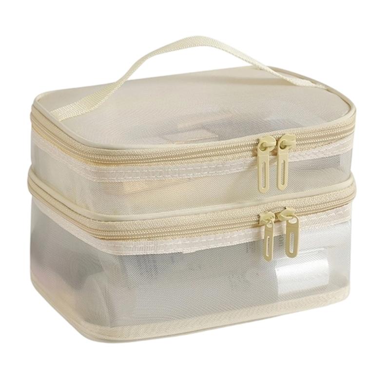 Nylon Mesh Cosmetic Organizers Double Layer Design Spacious Storage For Makeup Brushes Skincare Travel