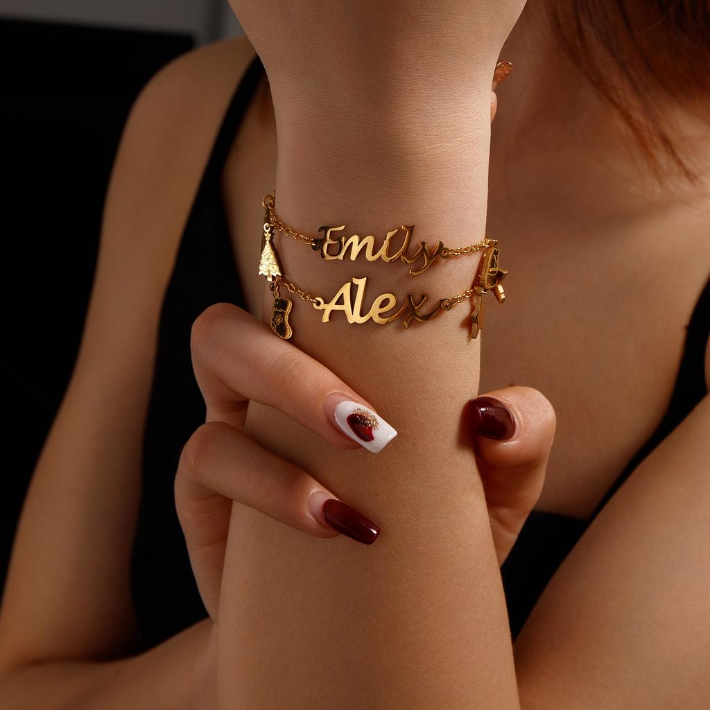 Atoztide Custom Name Bracelet for Women Stainless Steel Jewelry Christmas Elements Link Chain Personalized Kids Birthday Gift
