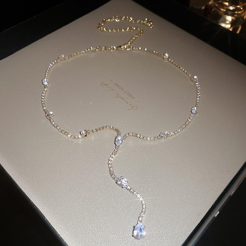 Korean super flash diamond bow tassel necklace fashion personality collarbone chain necklace women