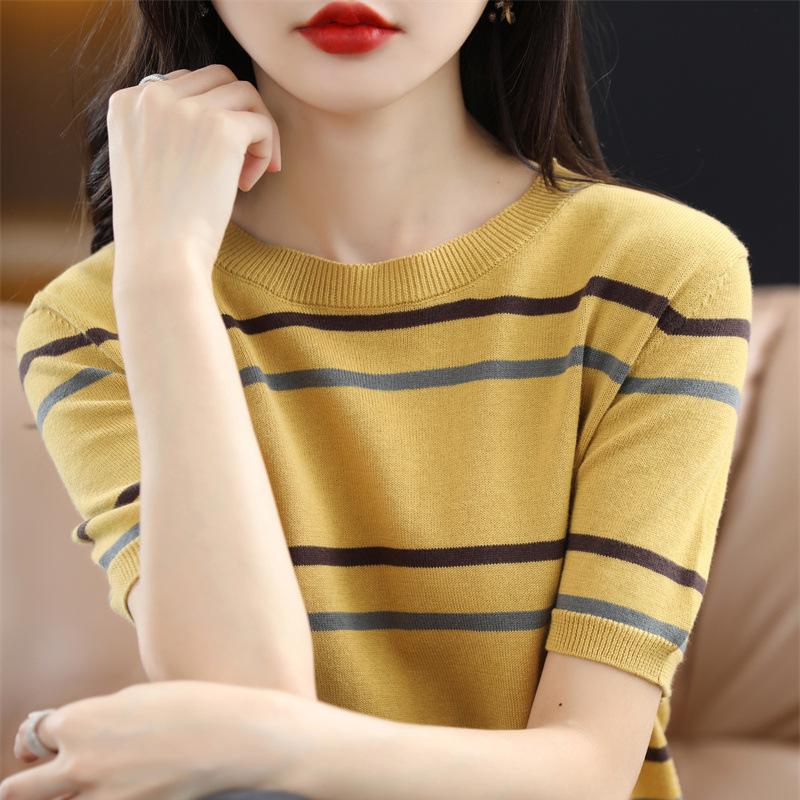 Pure Cotton Striped Round Neck Knitted Short-sleeved Women Summer Style Loose Slim Color-blocking Half-sleeved T-shirt Top