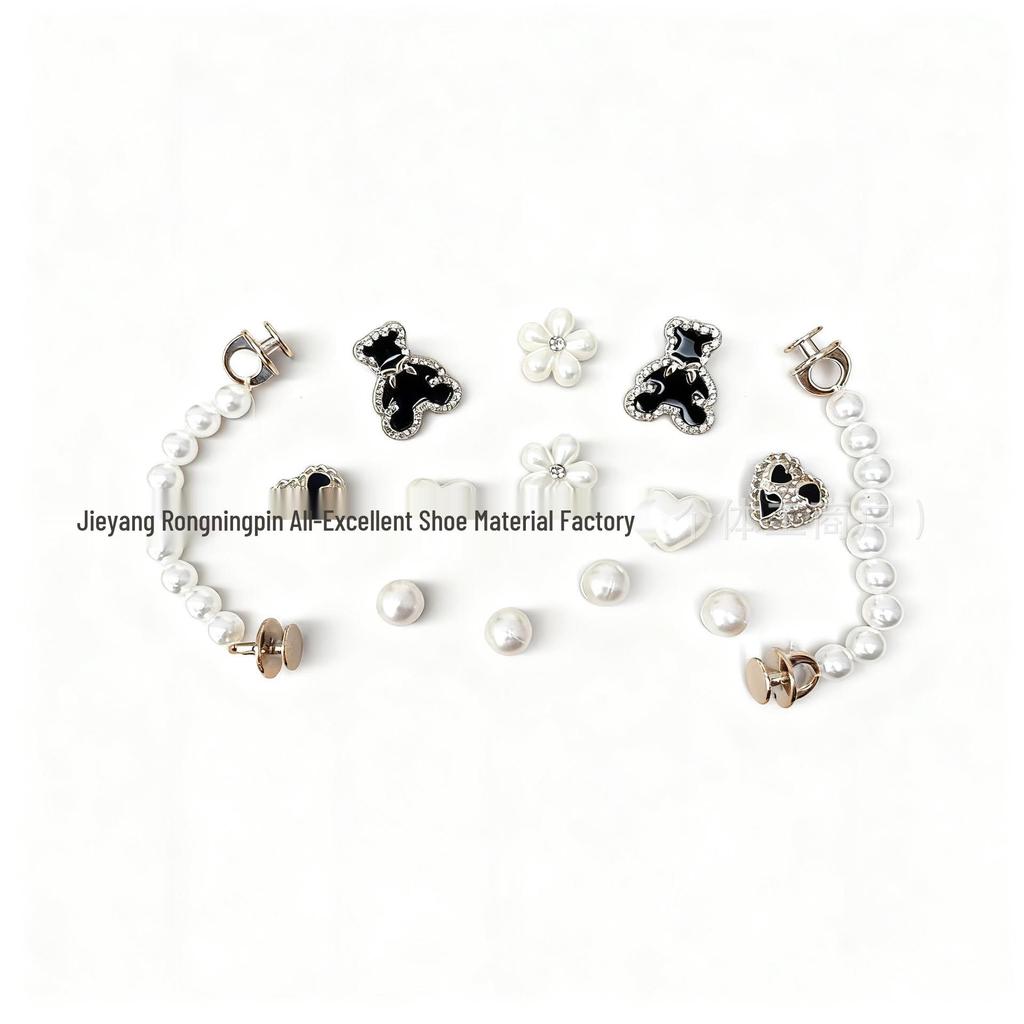 Coco Style Pearl Chain Shoe Decoration Set with Removable Flower Buckles