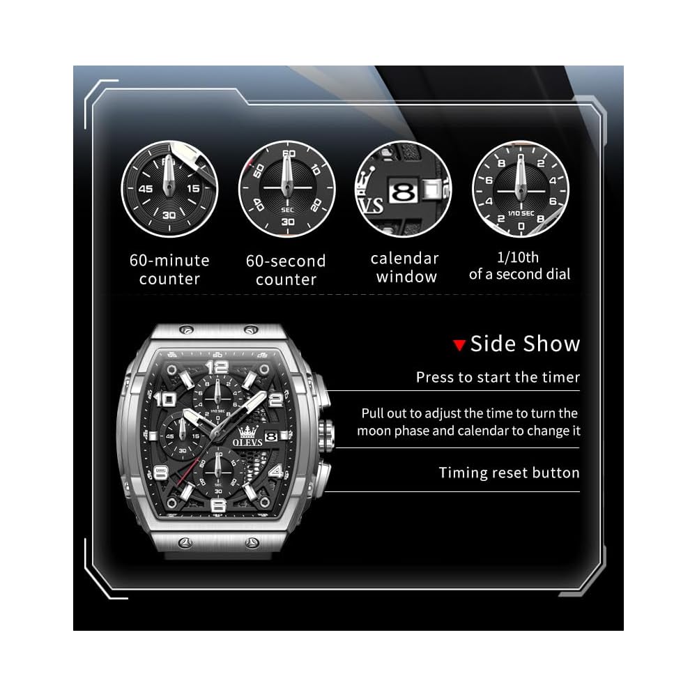 Relógio OLEVS Masculino Estiloso Cronógrafo à Prova d'Água Multifuncional com Pulseira de Silicone Prata Preto