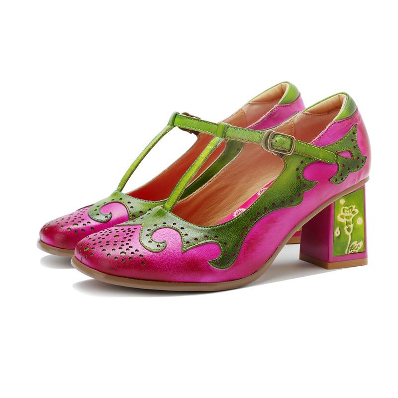 Spring and summer new products women's handmade leather polished retro Mary Jane contrasting color fashion high heels