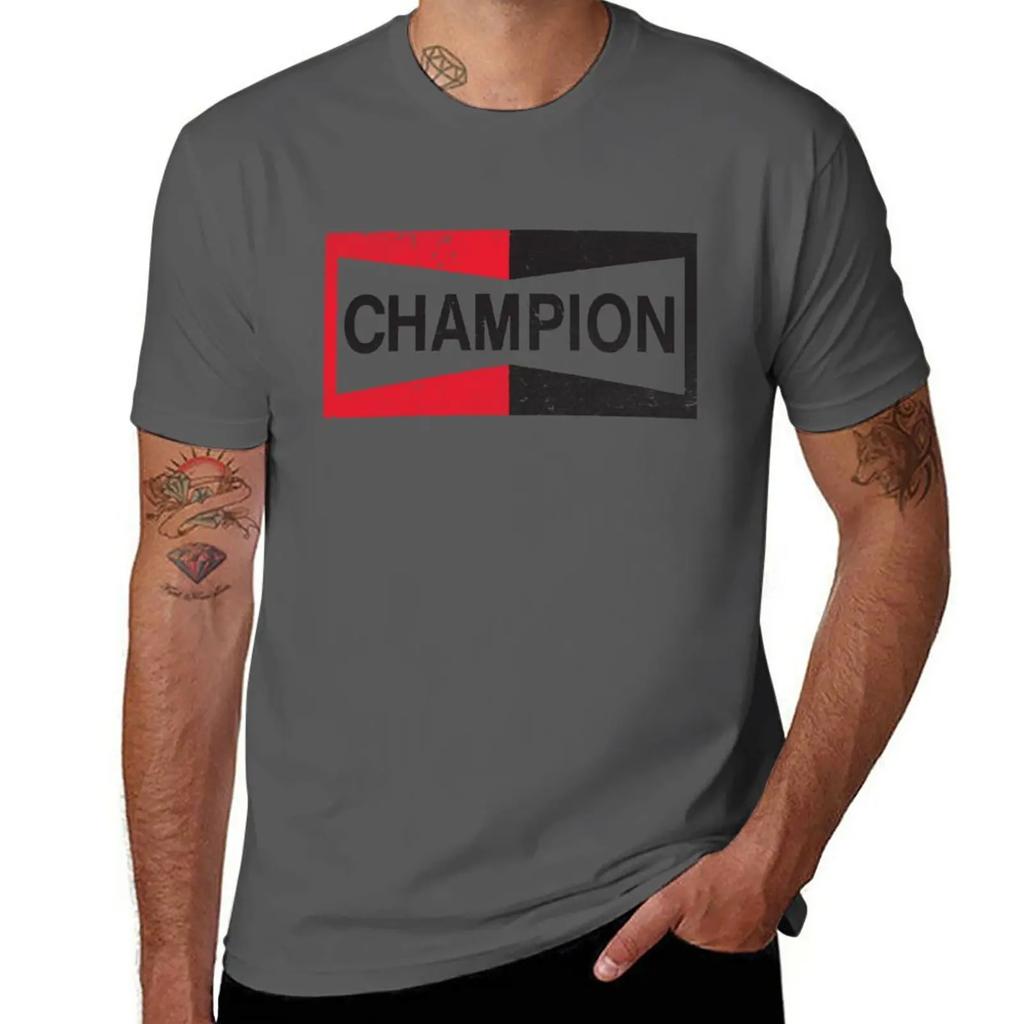 Summer Tops Tee Shirt Short Sleeve Fitted T Shirts for Men New CHAMPION - Spark Plug Retro Distressed Emblem - Cl T-Shirt Cotton