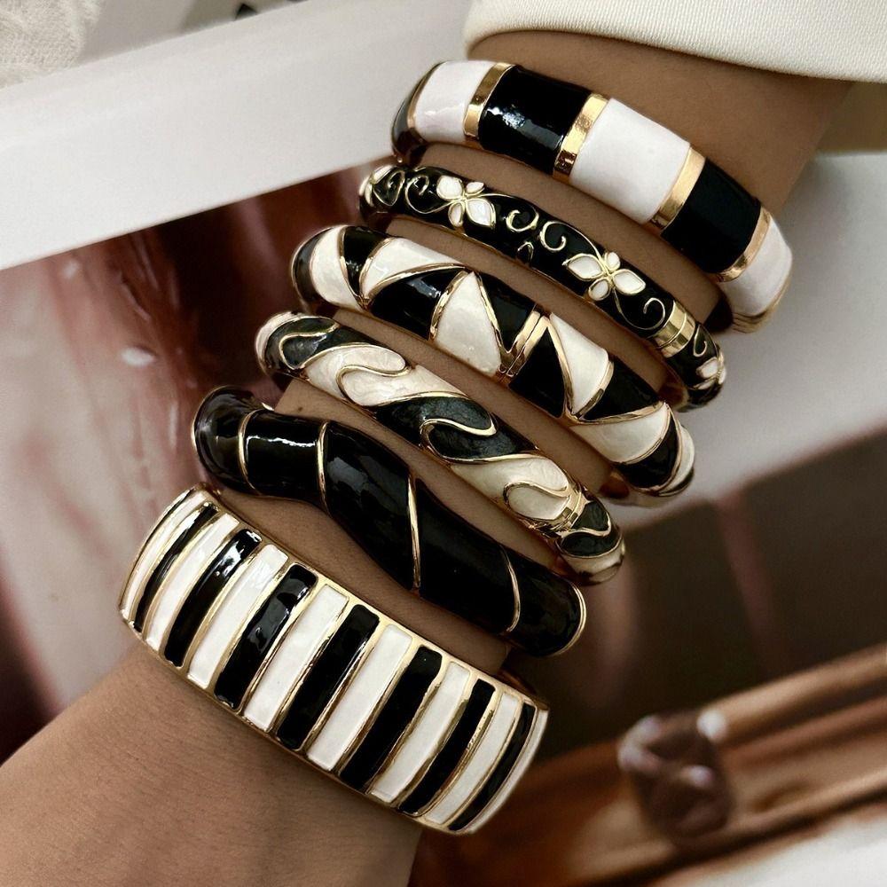 Emaille Emaille Armreif Schwarz Weiß Floral Zirkon Armband Party Schmuck Armband Party Anlass