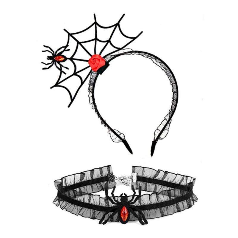 

Punk Spiderweb Shape Hairband and Cosplay Lace Choker Set Halloween Accessories for Women Girls Carnivals Party Supplies
