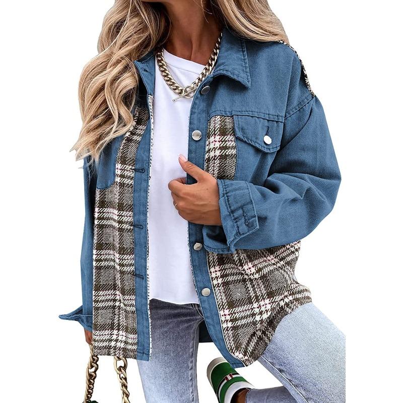 JKASHDK Moda Donna Casual Stampa a Quadri Autunno Inverno Manica Lunga Giacche e Cappotti con Collo POLO