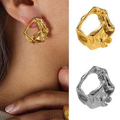 Exaggerated French Pleated Geometric Irregular Stud Earrings Titanium Steel Electroplated 14K Gold Personalized Earrings
