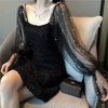 2026 new women's clothing chic small fragrant temperament medium and long mesh splicing long sleeves waist and thin dress women