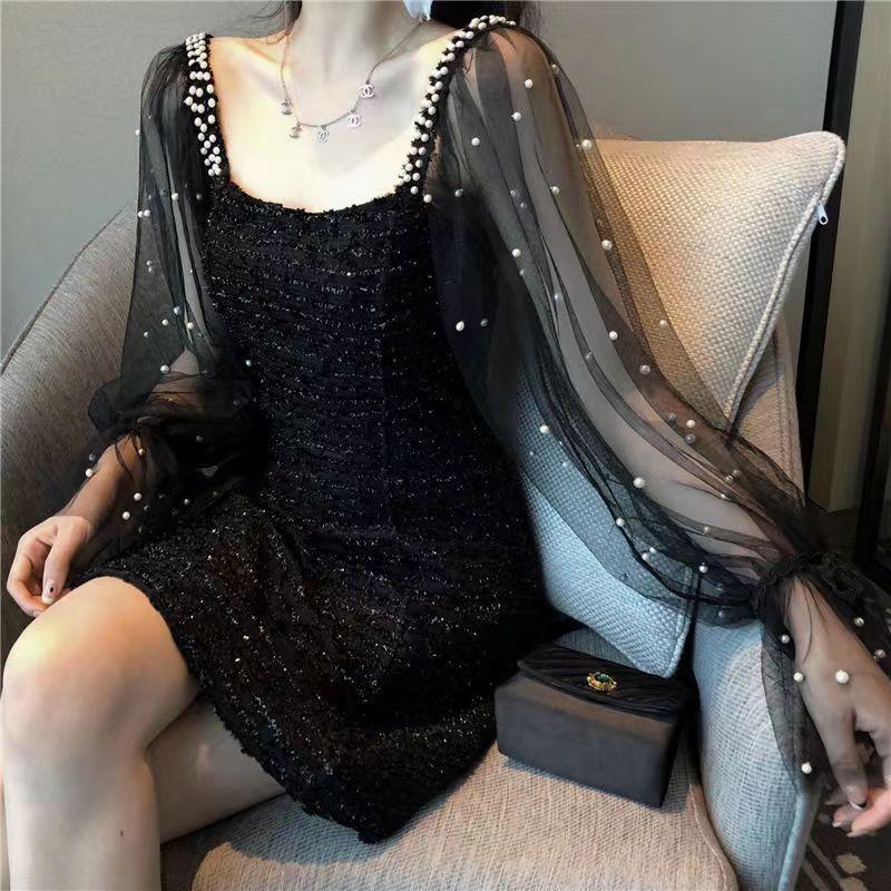 2026 new women's clothing chic small fragrant temperament medium and long mesh splicing long sleeves waist and thin dress women