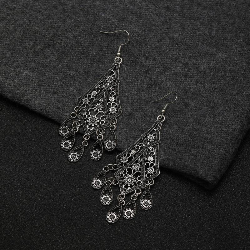 Vintage Hollow Out Droplet Flower Tassels Earrings Zinc Alloy Lightweight Dangle Jewelry for Women