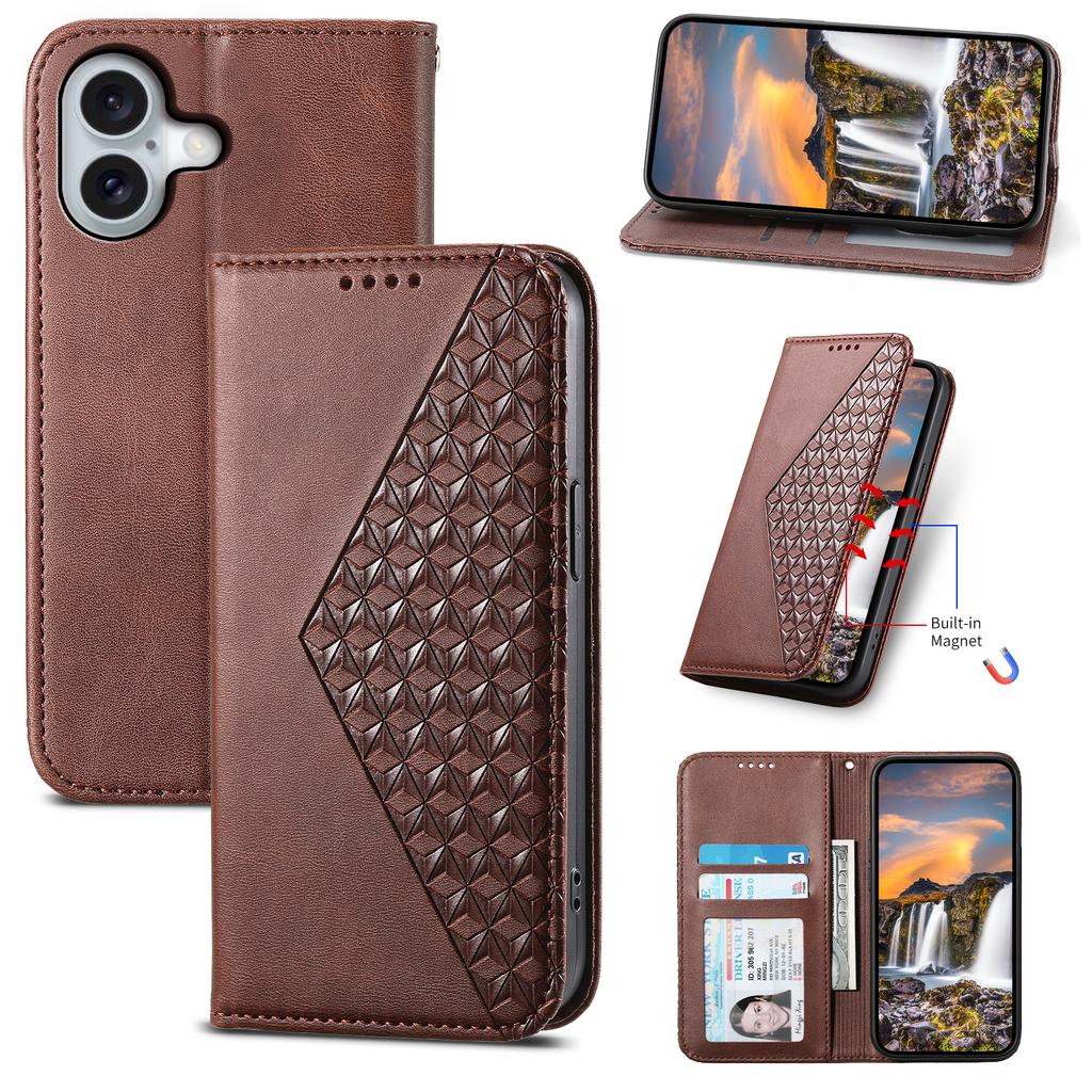 For iPhone 16 Wallet Case Calf Texture PU Leather Phone Cover with Strap