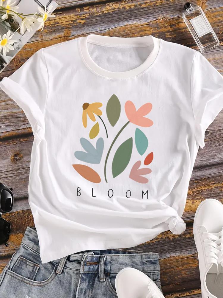 (Asian Size) Printed Female Top T Shirt letter flower Clothing Lady o-neck Short Sleeve T-shirts Casual Fashion Women Graphic Tee