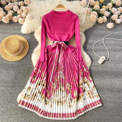 New Spring Autumn Women Vintage Knitted Sweater Patchwork Print Party Pleated Dresses
