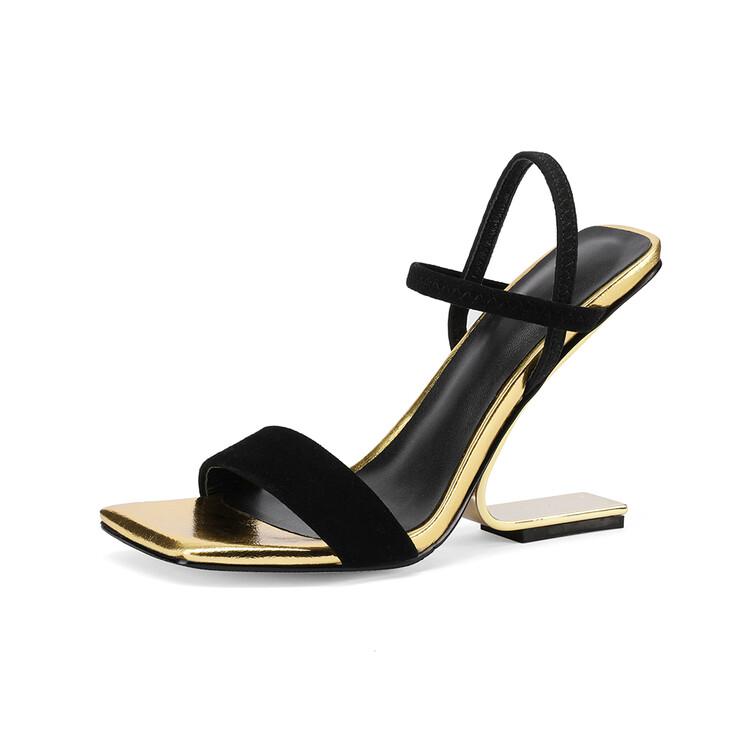 

Fashion NEW Summer Women Sandals Sheep Suede Leather Shoes for Women Square Toe Strange Heel Shoes Sexy Super High Heel Designer Sandals 40 золотой