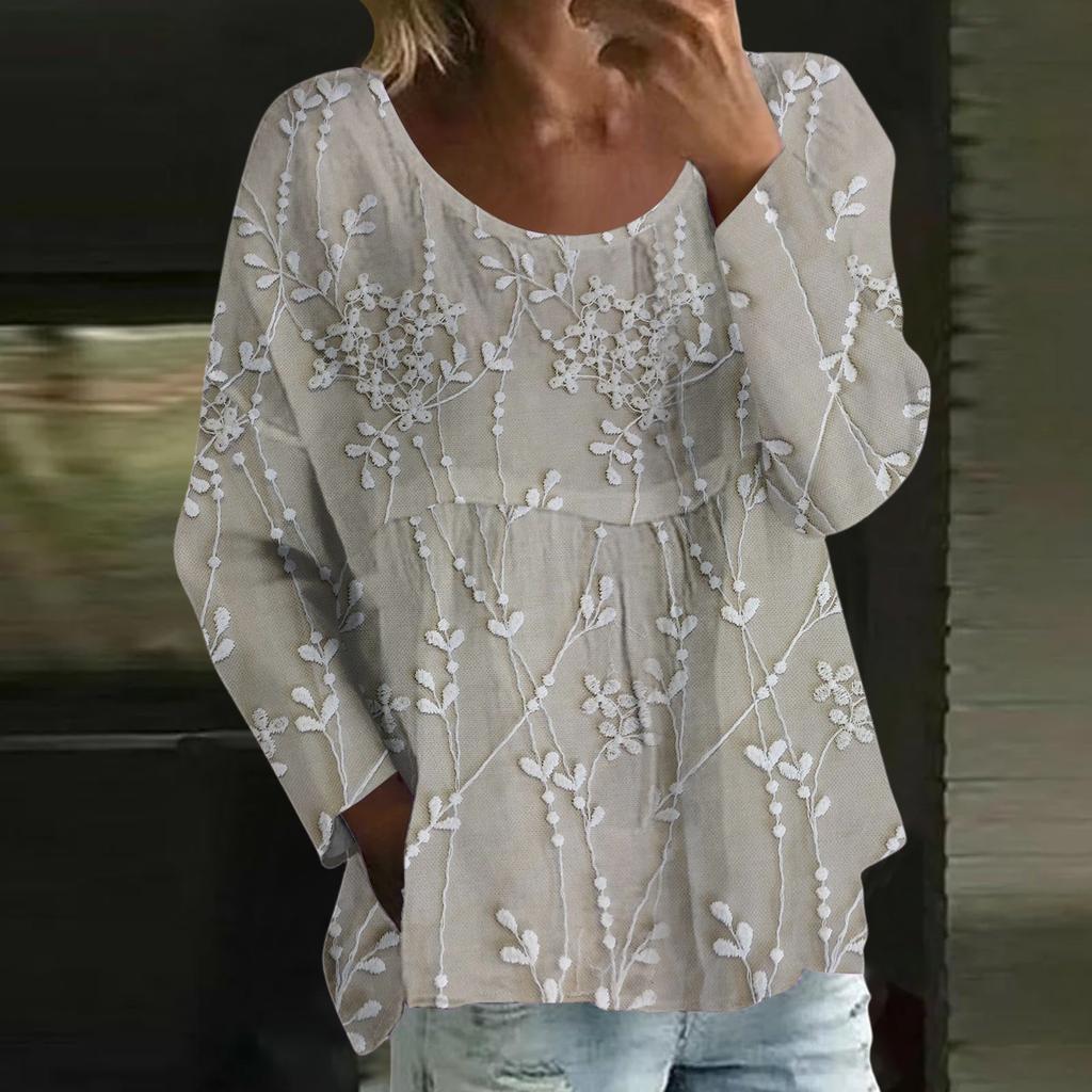 Damen Casual Mode Locker Rundhals Blumenmuster Langarm Oberteil