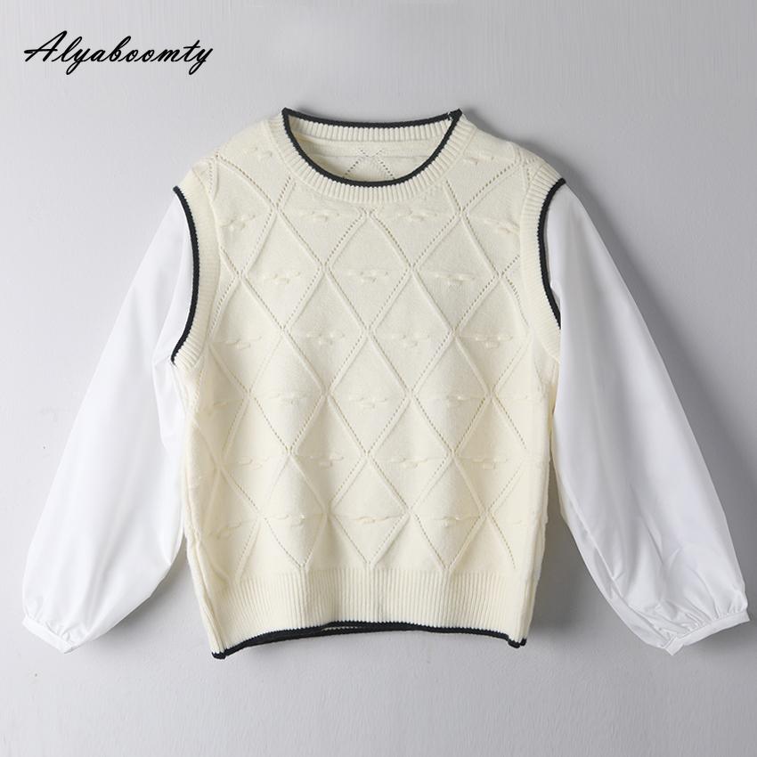 Korean Fashion Women Streetwear Top Contrast Color Patchwork Knitting Sweater Long Sleeve Casual Loose Ladies' Basic Sweatshirt