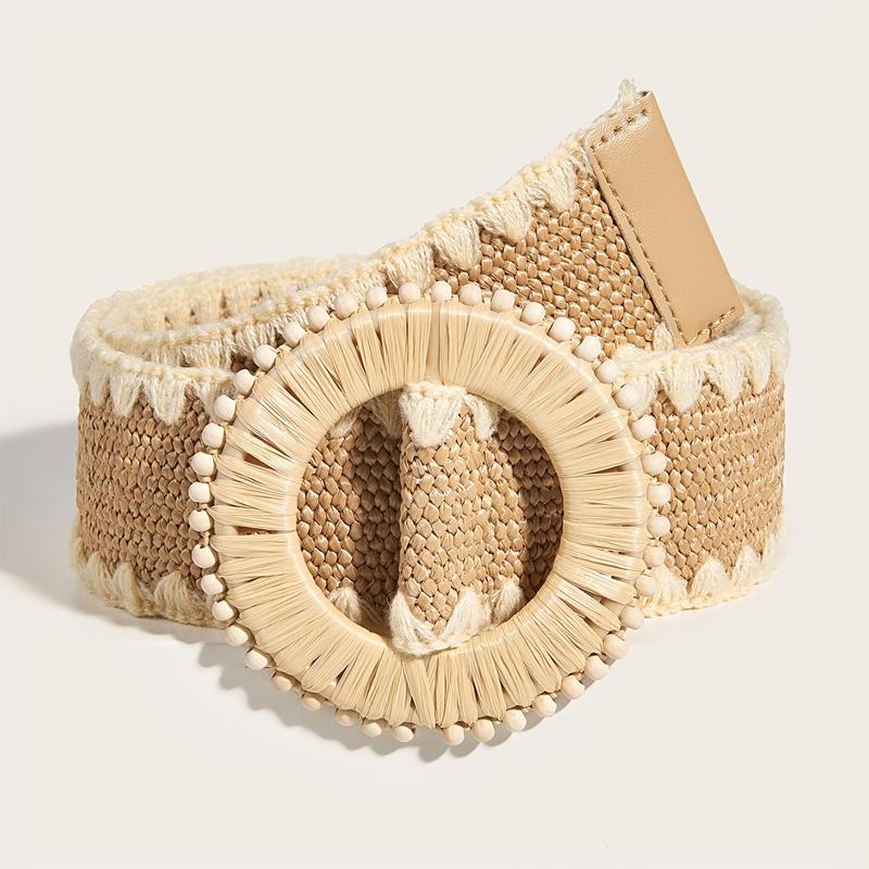 1 stuks Dames Ronde Gesp Boho Strooien Riem Voor Strand Ellips Gesp Kralen Decoratie Boheemse Geweven Riem Voor Vakantie 117cm
