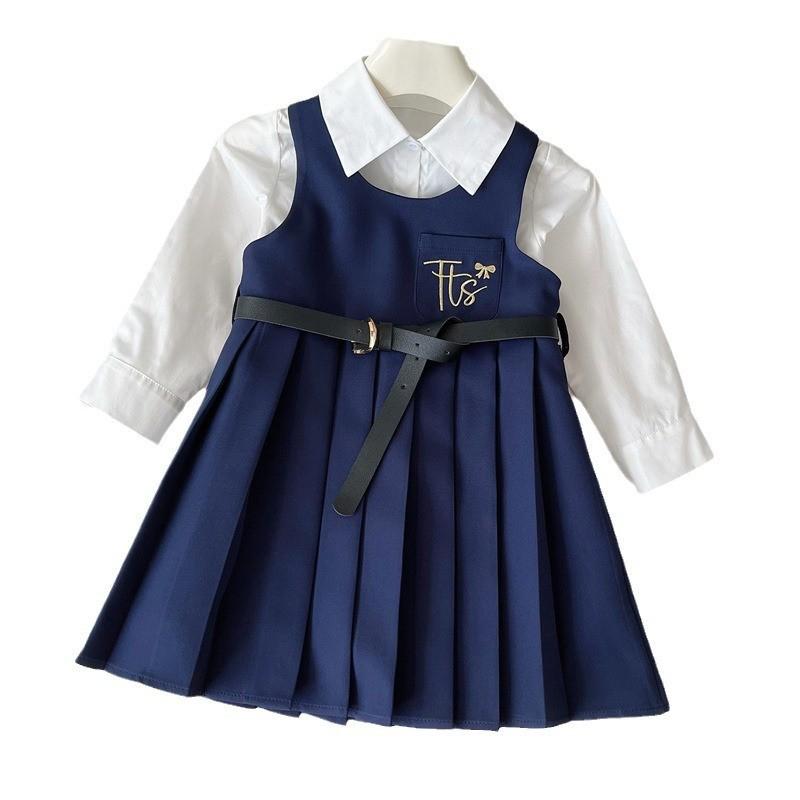 Girls' College Style Embroidered Vest & Pleated Dress with Long Sleeve Shirt