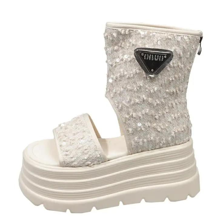 Fashion 8CM Hollow Platform Flats Sandals Women Bling Punk Shoes Casual Summer Boots Designer Loafers Trend Sport ZIP Sandalias Mujer