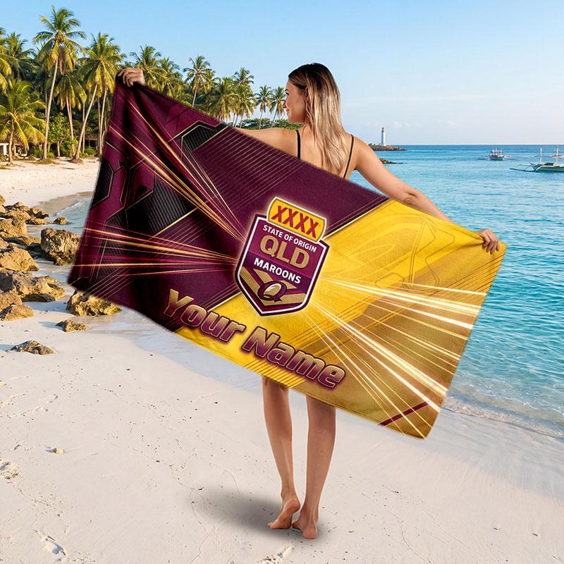 Queensland Maroons Customized Name Text Beach Towel, Soft Absorbent Towel Beach Pool Travel Personal Gift