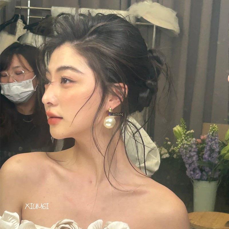 

Большие серьги-подвески с французским жемчугом: Ретро Гонконгский стиль, Свадебные аксессуары в стиле легкой роскоши Champagne Earrings