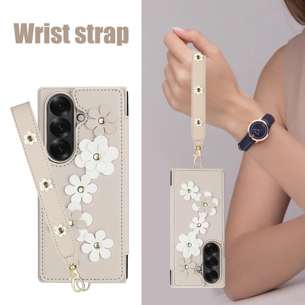 Crossbody Flower Wallet Leather Phone Case For Samsung Galaxy Z Fold 7 6 5 4 5G Fold7 Magnetic Button Card Bag Slot Pocket Cover