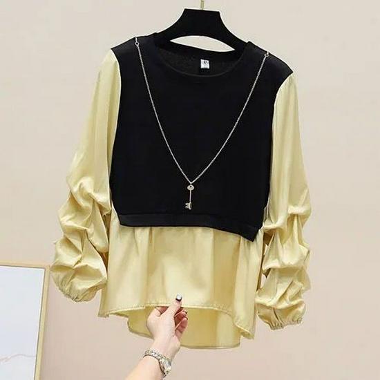 2024 Spring/Autumn Korean Style Patchwork Contrast Slim Long Sleeve Round Neck Two-Piece Shirt