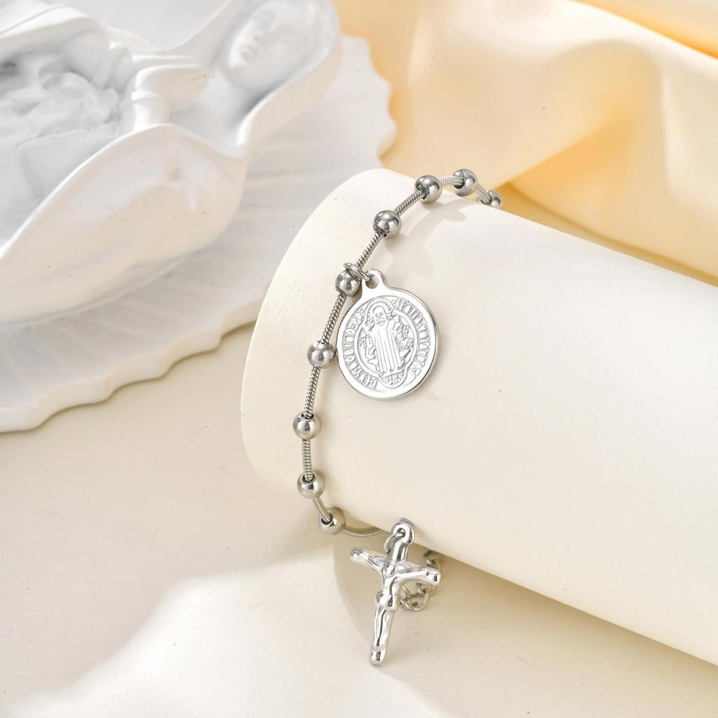 Religious Rosary Bracelets For Women, Holy Saint Benedict Portrait Bar, Stainless Steel No Fade Jewelry