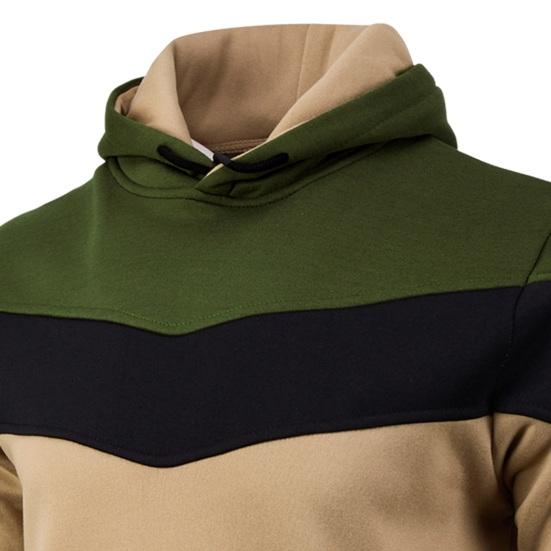 Men Fall Winter Hoodie Colorblock Drawstring Thick Plush Long Sleeves Big Pocket Hooded Retro Thin Loose Daily Wear Casual Sport Top