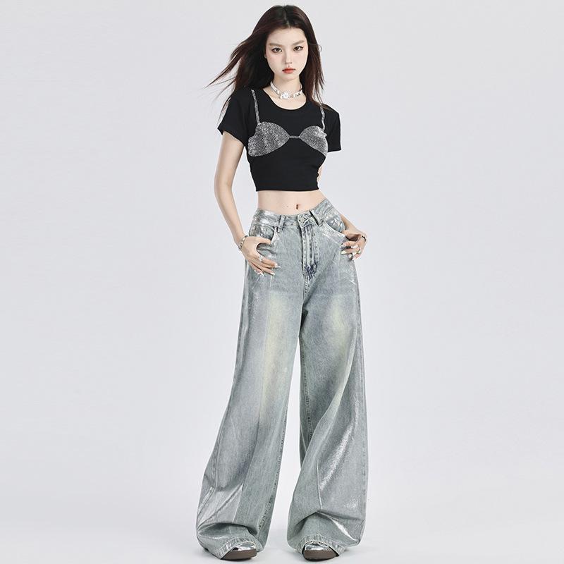 

Женские джинсы серебристого цвета с высокой талией и широкими штанинами, весна-лето 2025 г. – облегающий крой, длина до пола M