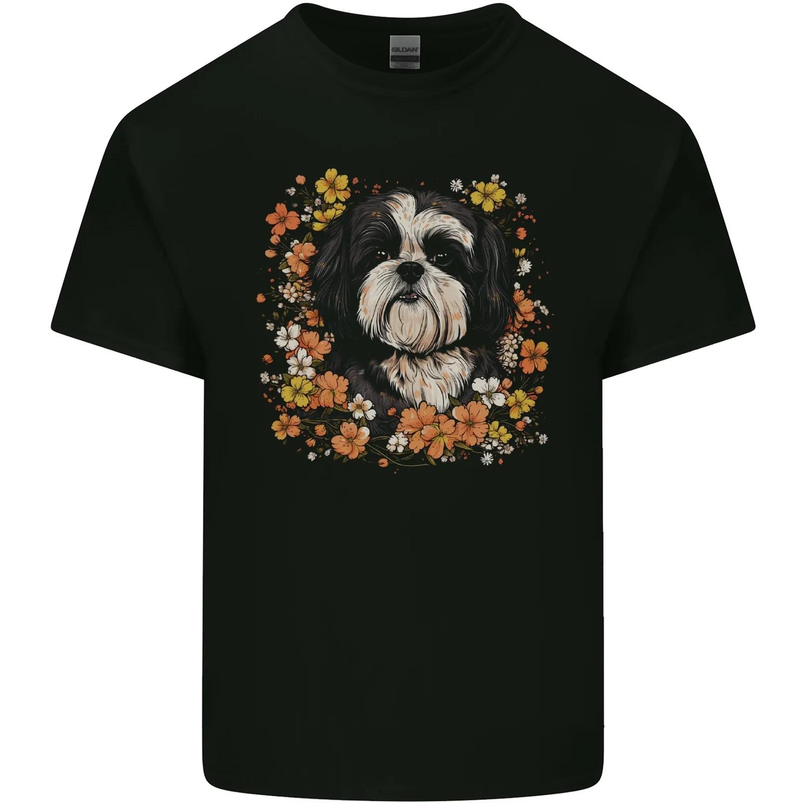 A Shih Tzu Dog Surrounded by Flowers Kids T-Shirt Childrens M