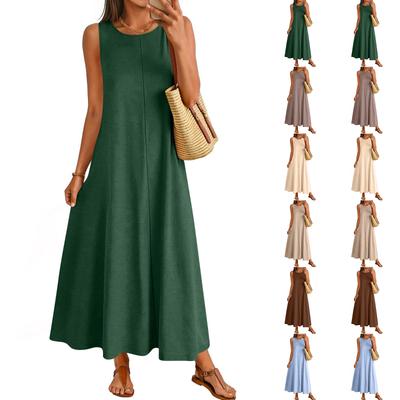 Ärmelloses lässiges lockeres Maxikleid für Damen, Rundhalsausschnitt, dehnbar, Basic, lang, für Strandurlaub und Alltag