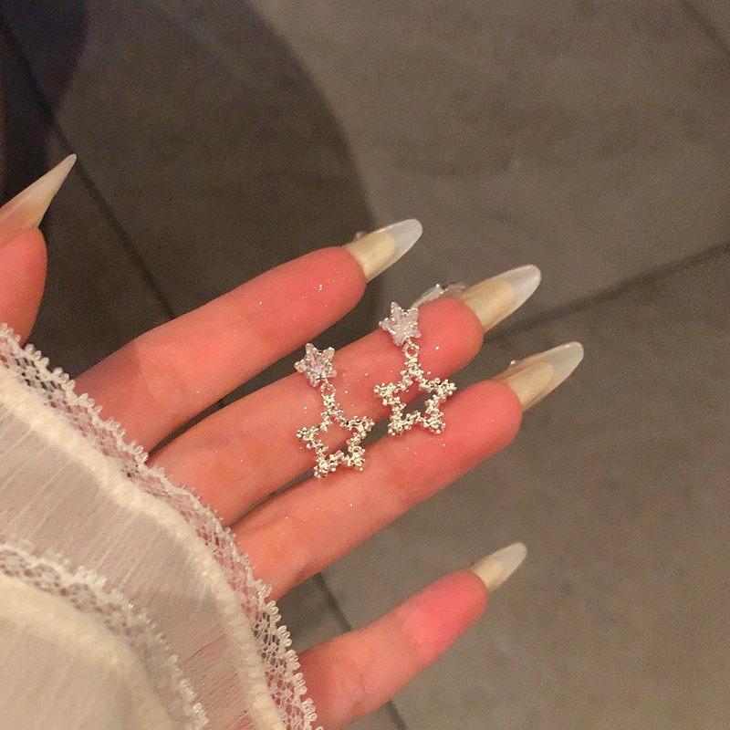 Korean Explosive Zircon Simple and Exquisite Star Stud Earrings Women's Light Luxury High-end Earrings Temperament Sweet and Versatile Earrings