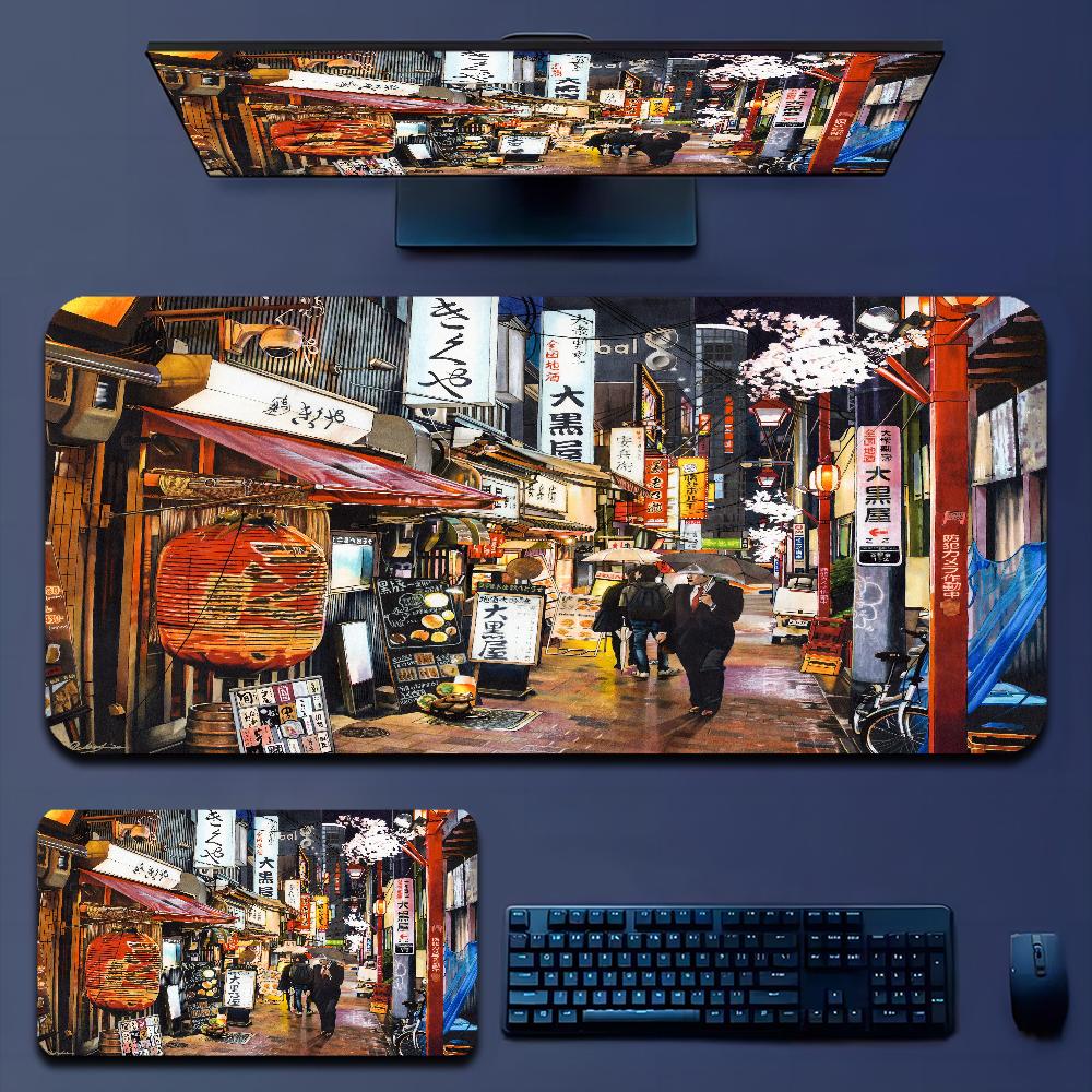 Japan Aesthetics Purple Neon City In Stocked Laptop Gaming Mice Mousepad Size for large Edge Locking Game Keyboard Pad