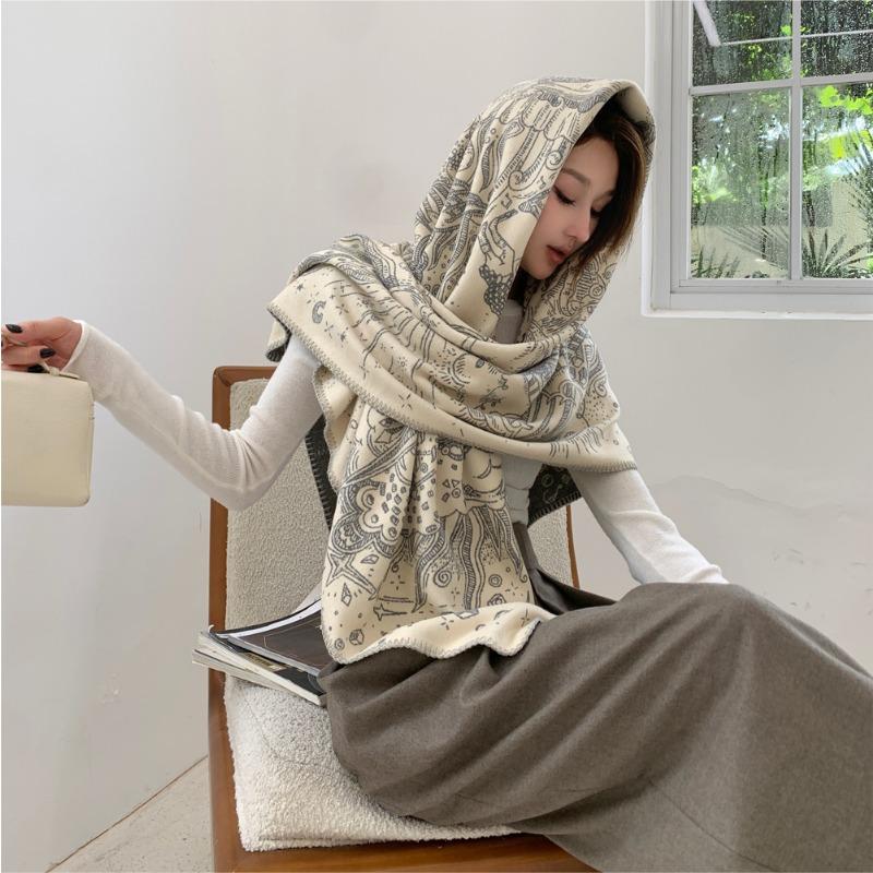 Wool Silk Double-sided Jacquard Scarf for Women's High-end Sense Versatile Shawl with Enlarged Thickened Thermal Blanket Dual-purpose