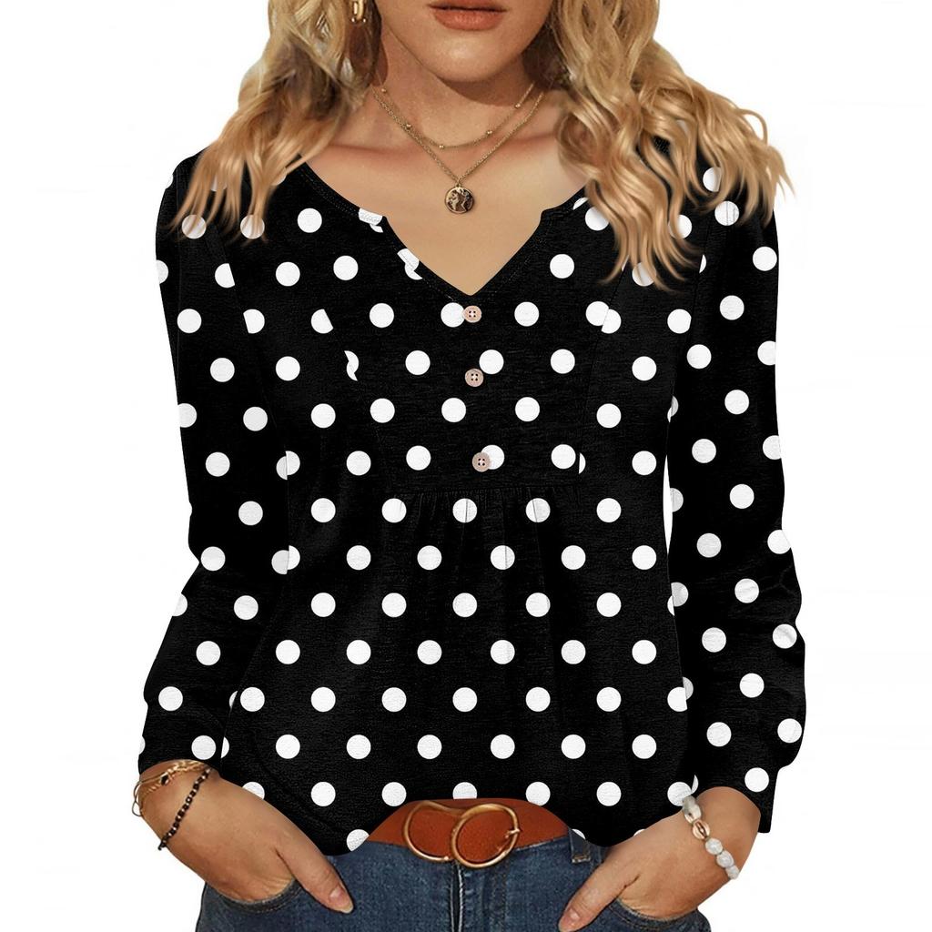 Women's Fashionable Casual V-neck Blouse Button Long-sleeved Pullover T-shirt Top